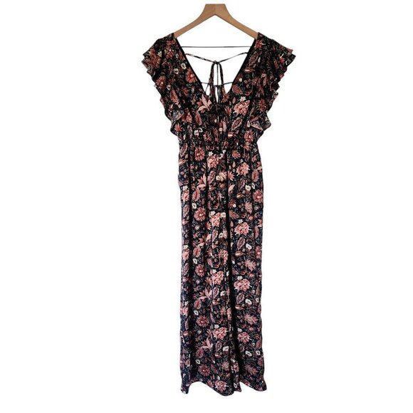 NWT Madewell Deep-V Ruffle Wide Leg Jumpsuit in Pampas Blooms Black Brown Sz. S - Picture 7 of 12